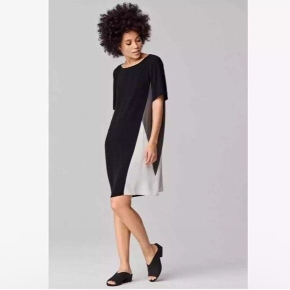 Eileen Fisher 100% Silk Georgette Colorblock Dress Black Mini Womens Size XS